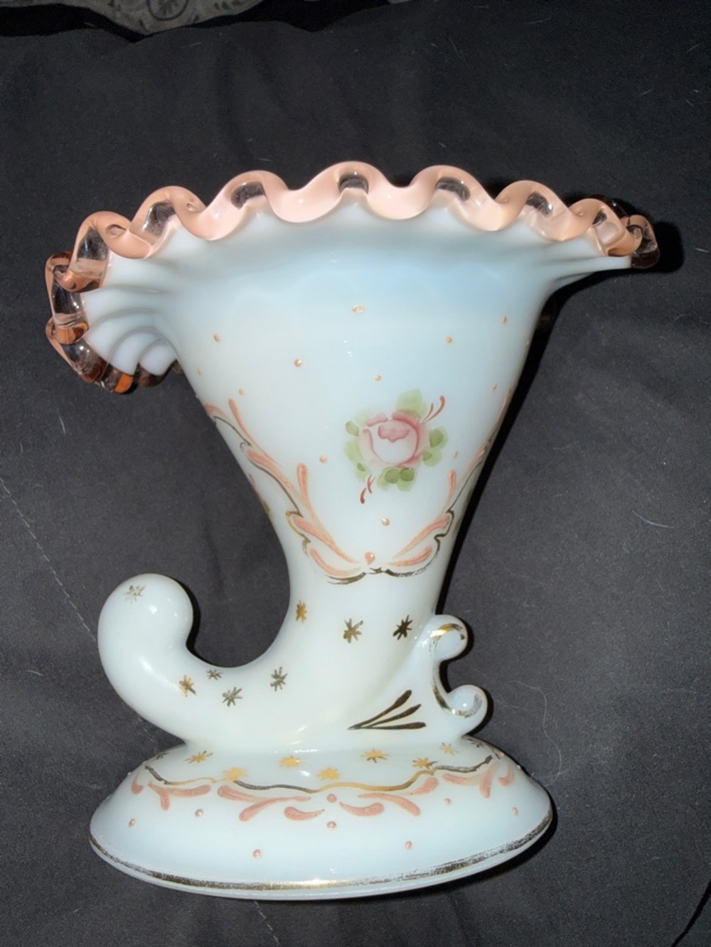 Ruffled Milk Glass Cornucopia Vase with Pink Trim